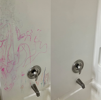 Before and after photos from a reviewer showing a shower covered in crayon marks, and then the shower sparkling clean after using The Pink Stuff