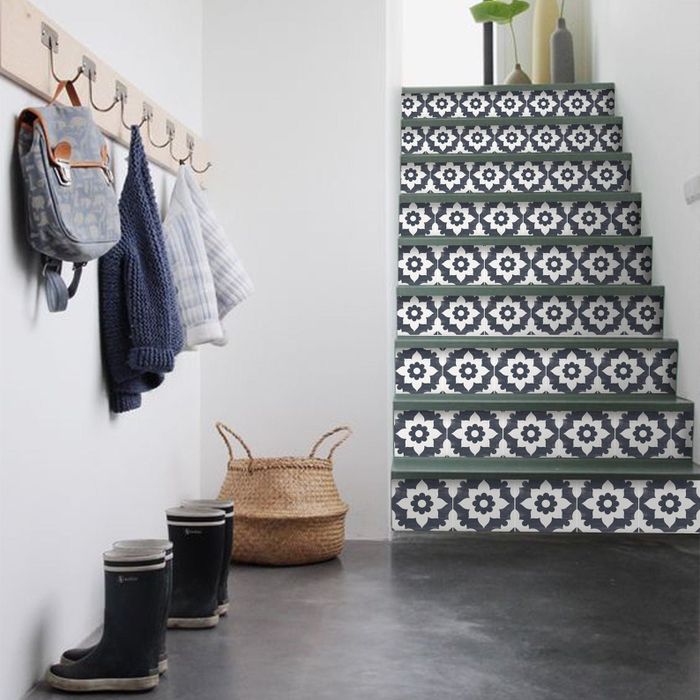 Stair decals in the brand's Campagne Navy pattern