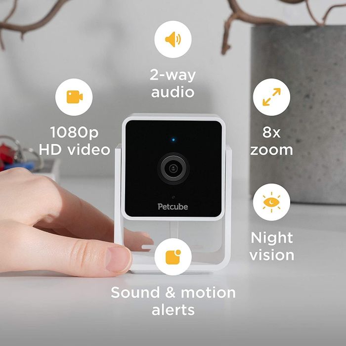An infographic displaying the cube camera along with its features: 1080p HD video, 2-way audio, 8x zoom, night vision, and alerts for both motion and sound.
