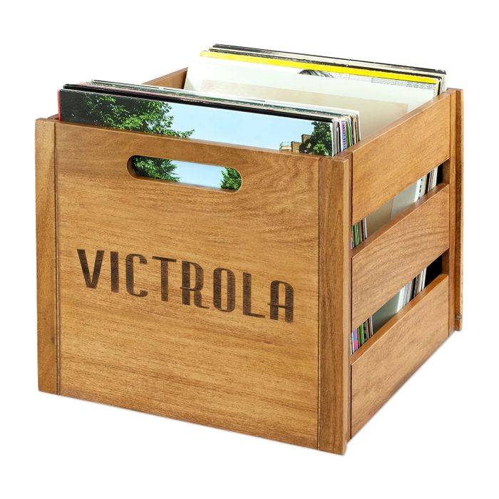 A wooden storage crate by Victrola, packed with vinyl records
