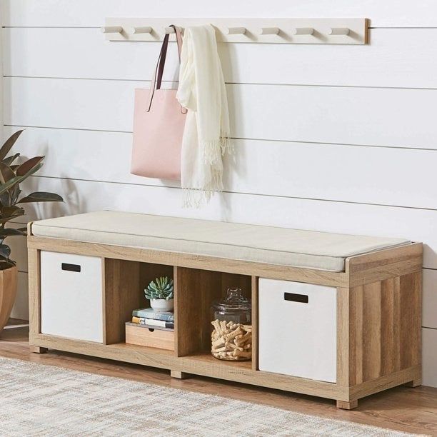 The four-cube bench in a rich brown finish, complemented by two white storage cubes