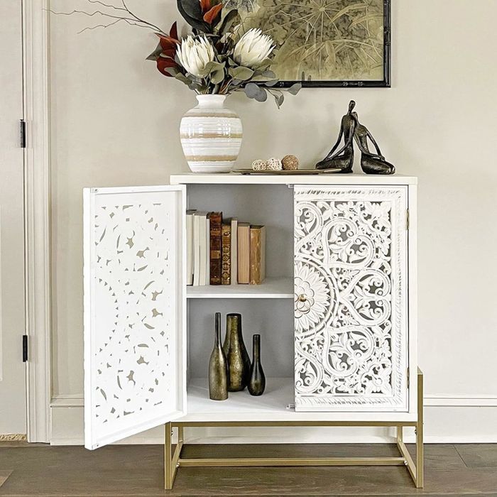 The cabinet with one door open, revealing its contents