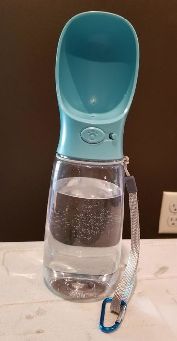 A reviewer’s photo of the water bottle, featuring a button on the front and a blue hybrid spout-bowl design.