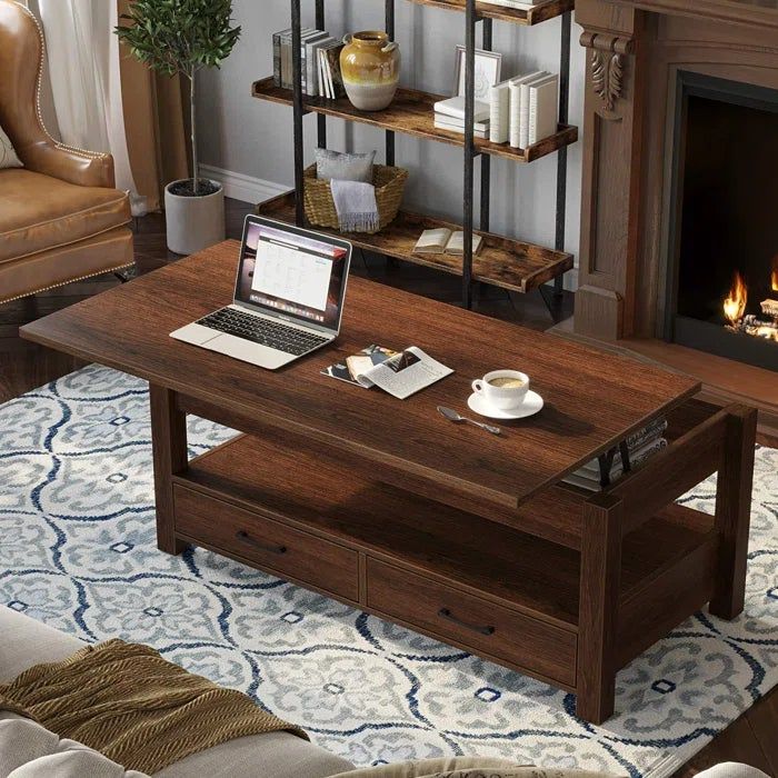 The espresso-colored table with its top lifted, placed elegantly in a living room setting.