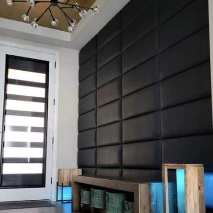 The entryway of a reviewer featuring black panels on one accent wall