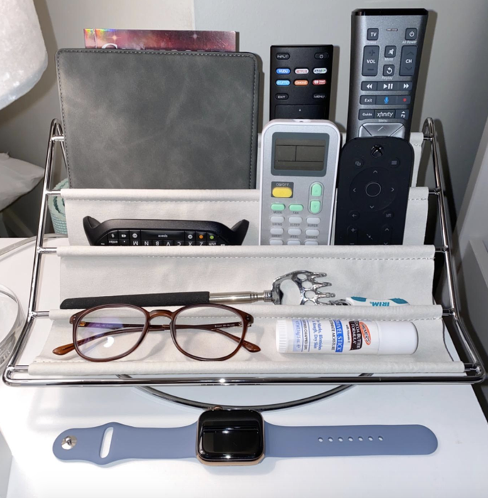 photo of a gray tiered hammock organizer from a reviewer