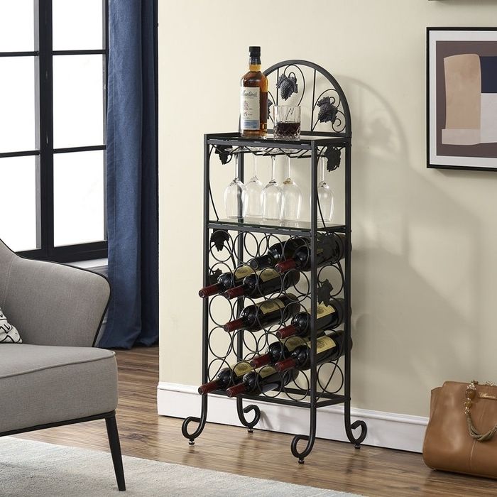 A wine rack beautifully showcasing glasses and bottles in a room, adding both function and flair to the space.