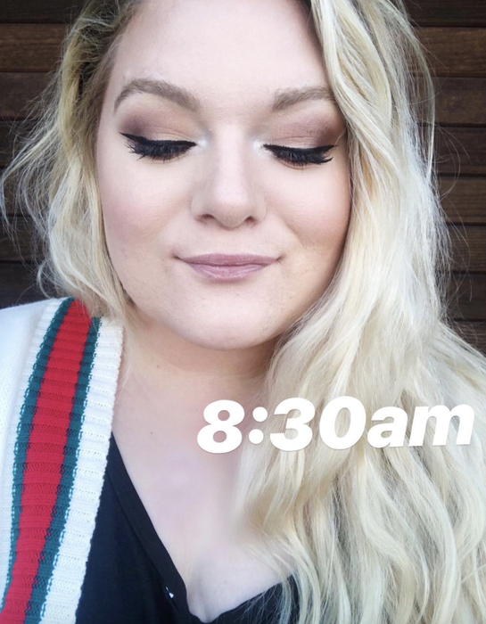 reviewer sporting eye makeup labeled '8:30am'