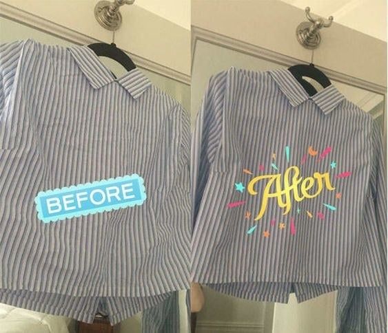Reviewer's before-and-after photo showing a wrinkled blouse next to a freshly pressed, crisp blouse