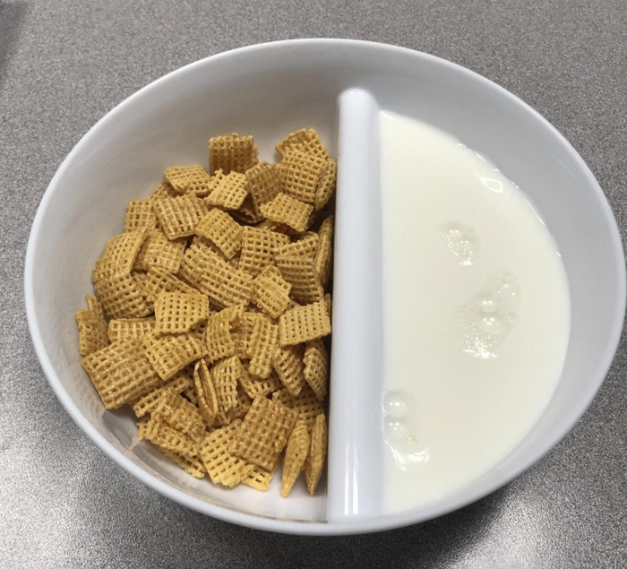 reviewer photo of a white bowl with cereal on one side and milk on the other