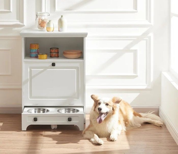 A dog relaxing beside the white feeder station in a home setting.