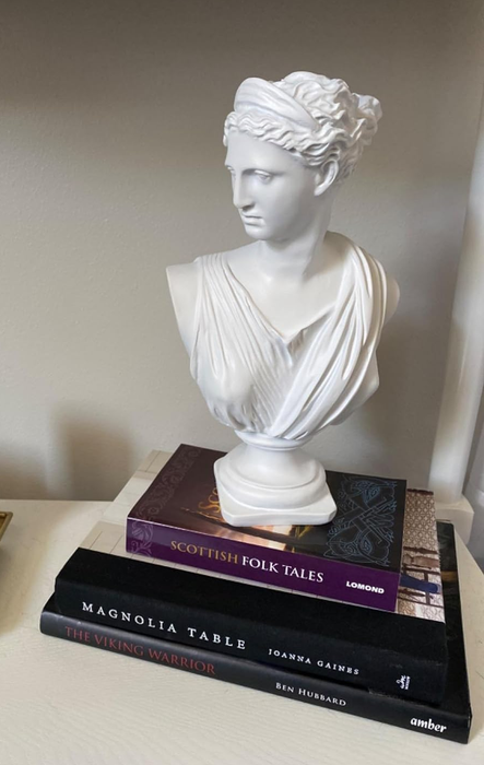 The bust, as described by the reviewer, rests atop a large stack of books.