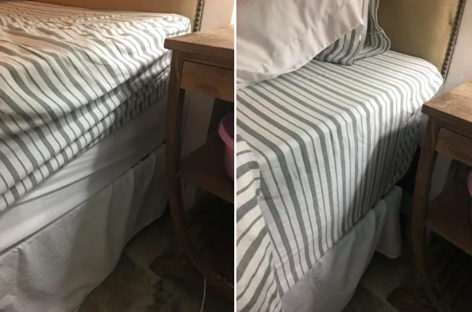 Reviewer's before-and-after to show their bed sheet being pulled up versus neatly tucked in by the sheet holders