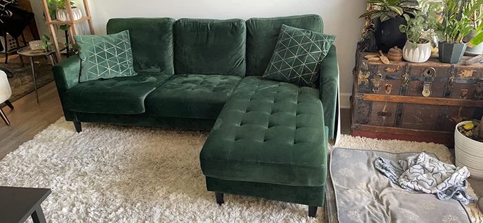 A green couch featured in a reviewer's living room.