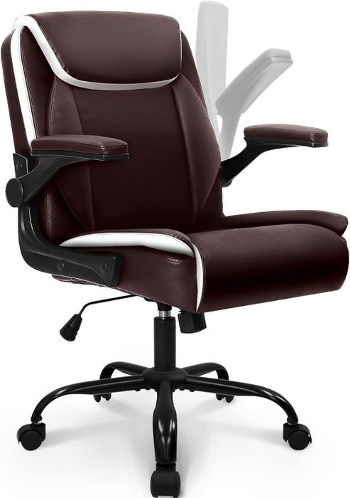 An office chair with ergonomic features such as adjustable armrests and a headrest, set on wheels