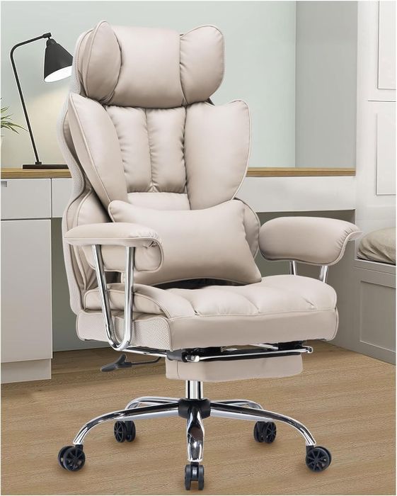 An ergonomic office chair equipped with a padded headrest and armrests, perfect for a home office