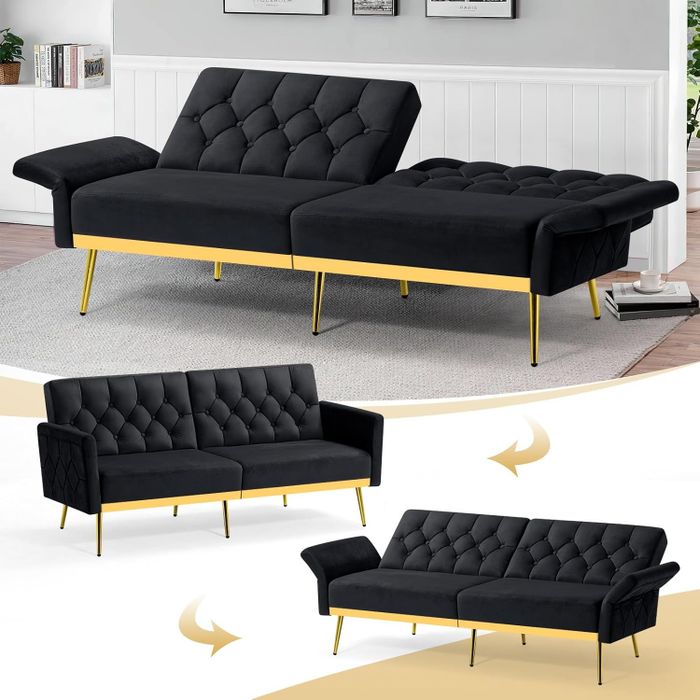 A sleek, black tufted convertible sofa bed with gold legs, displayed in multiple configurations within a modern living room setting