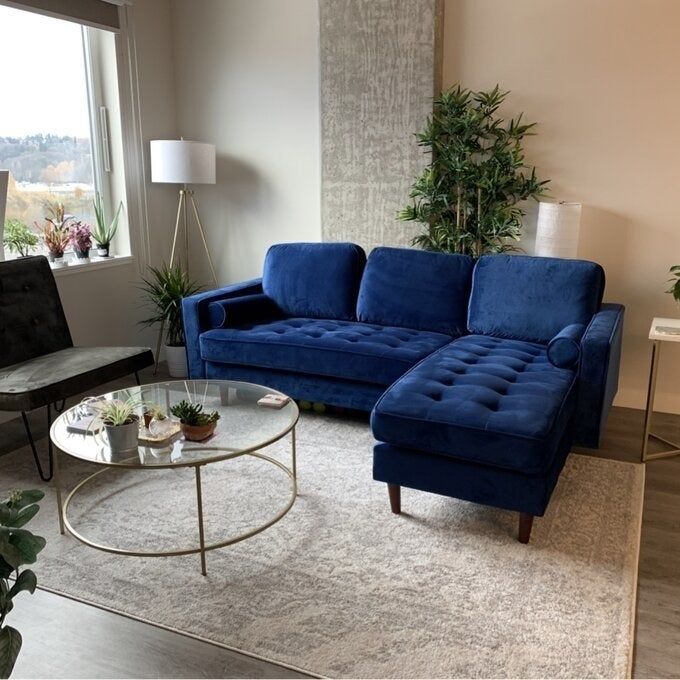 reviewer photo of the navy blue couch in a stylish room with a scenic view