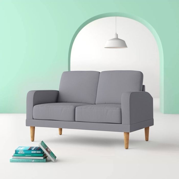 Square arm loveseat in soft light gray