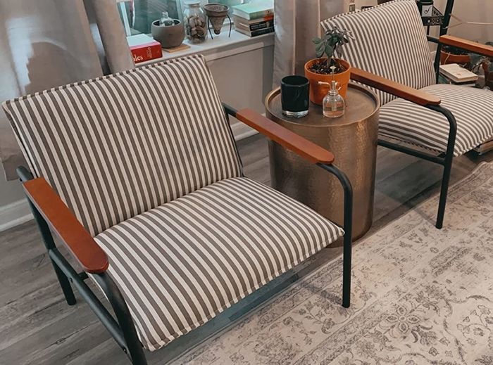 Two striped chairs placed in a different reviewer’s home setting.