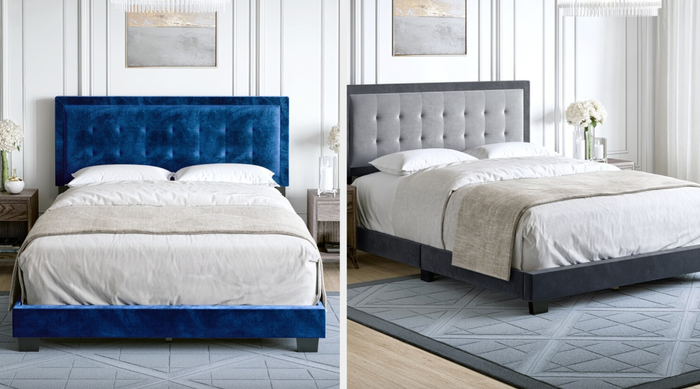 A collage showcasing blue and gray velvet platform beds, each with its unique charm and elegance.