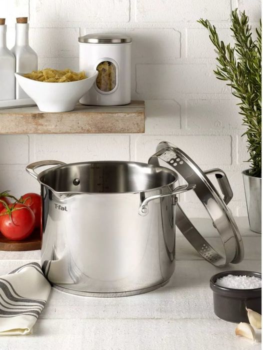 The stock pot resting on a kitchen counter