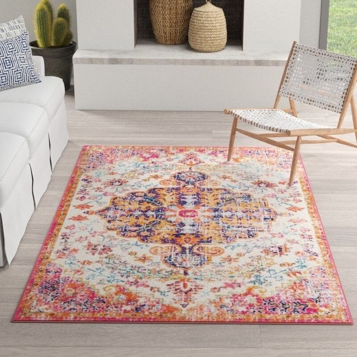 the orange rug styled in a cozy living room