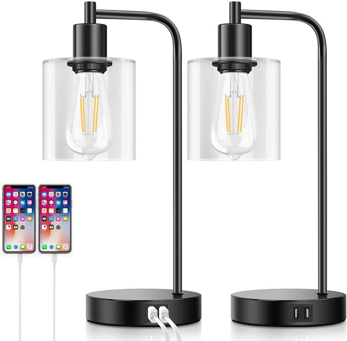 Two lamps with Edison bulbs and two USB ports, providing both light and charging capabilities.