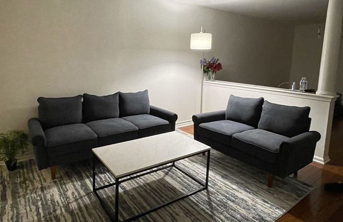 A reviewer’s photo of two black couches beside a plant and an empty coffee table
