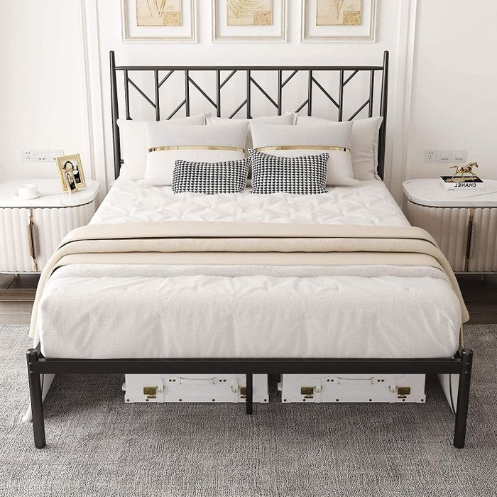Lifestyle photo showcasing the metal bed frame in a stylish bedroom