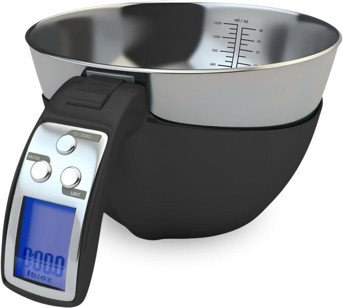 A digital kitchen scale with a stainless-steel bowl, featuring an LCD display and control buttons on the handle, offering multiple measurement options