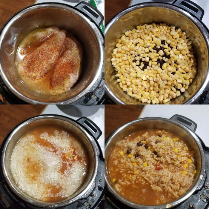 A four-panel image showing the Instant Pot meal prep process: seasoned chicken, corn and beans, rice and broth, and finally, cooked chicken and rice with vegetables