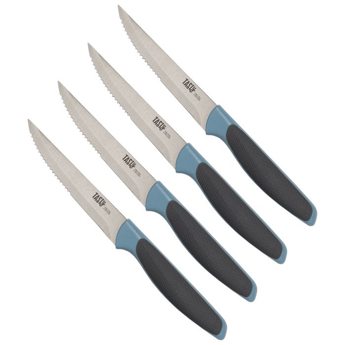 A set of four serrated kitchen knives featuring black and blue handles, ideal for everyday kitchen tasks.