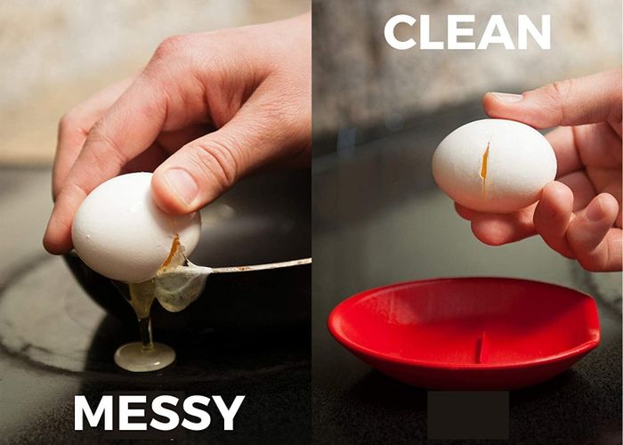 Before and after images showing a messy cracked egg on the left and a neatly cracked egg on the right.