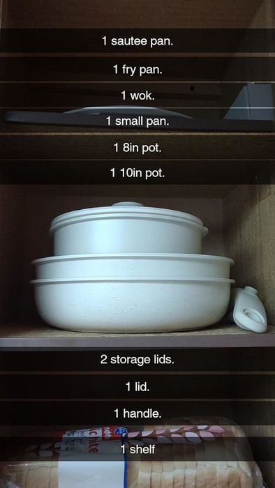 A storage shelf neatly holding various kitchen essentials: 1 sauté pan, 1 frying pan, 1 wok, 1 small pan, 1 8-inch pot, 1 10-inch pot, 2 storage lids, 1 regular lid, 1 detachable handle, and 1 organized shelf