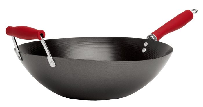 A non-stick wok with striking red handles.