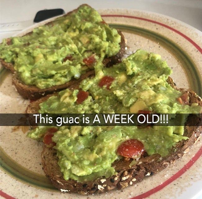 A reviewer’s image of guacamole spread on bread with the caption, 