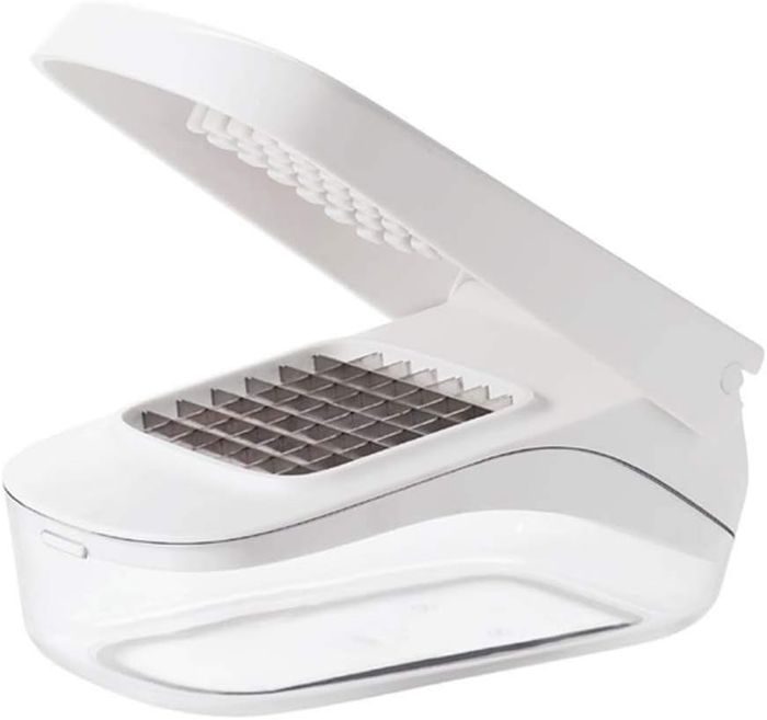 A handheld food chopper featuring a grid-like blade design with a container below to catch chopped items, ideal for kitchen use