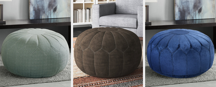 Three images showcasing green, brown, and blue ottomans.
