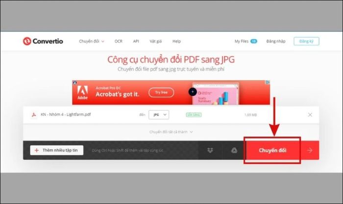 Nhấn vào chuyển đổi để tiếp tục quá trình