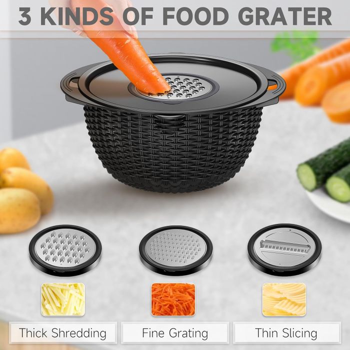 A woven-style food grater bowl, featuring three grater options: thick shredding, fine grating, and thin slicing, perfect for vegetables like carrots.