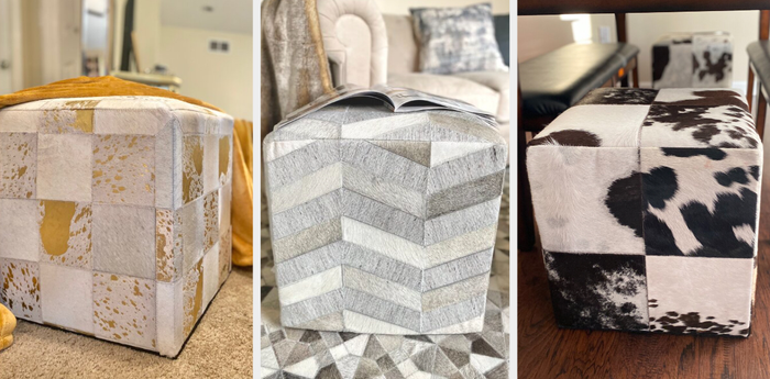 Three images showcasing different designs of square pouf ottomans.