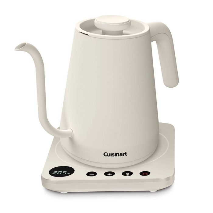 A Cuisinart electric kettle with a gooseneck spout and a digital base displaying 205°F, featuring buttons for power, temperature control, and timer settings