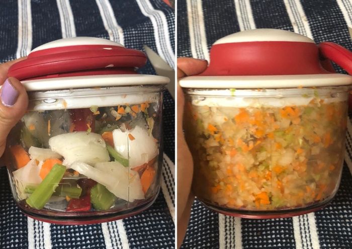 Before and after photos from a reviewer showing roughly chopped veggies transformed into finely minced pieces using the chopper.