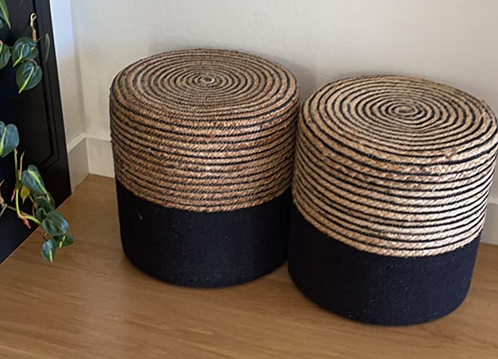 A reviewer’s image showing tan and black poufs.