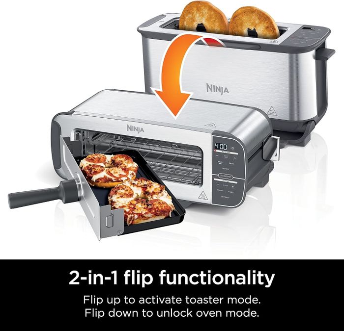 Ninja 2-in-1 toaster and oven featuring flip functionality, with bagels in toaster mode and mini pizzas in oven mode. Text reads: 
