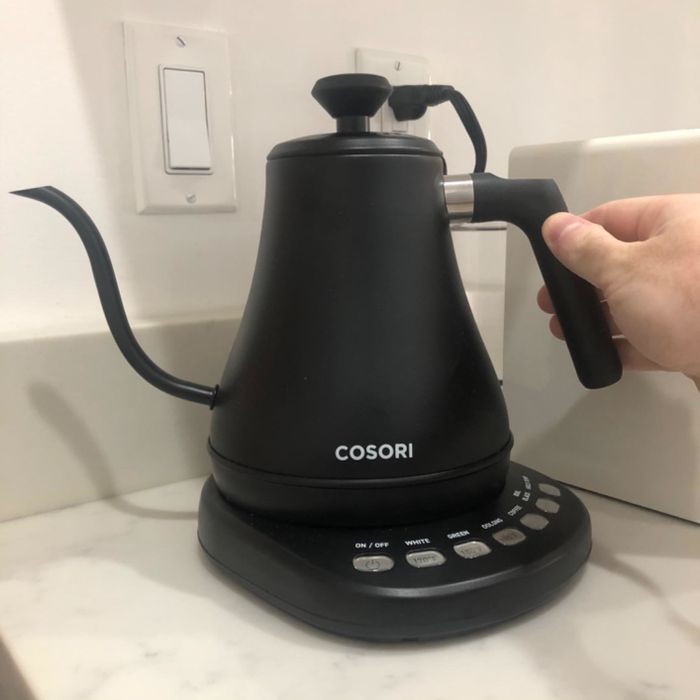A photo from the reviewer showing the gooseneck kettle on their kitchen countertop.