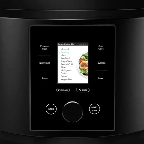 A gif showing the pressure cooker's screen where you can choose the cooking mode based on the produce and its weight