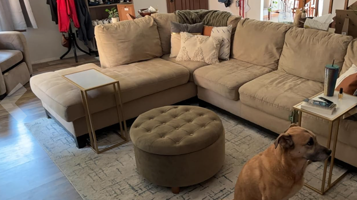 A living room featuring a beige sectional sofa with various cushions, a round ottoman, and a dog standing by a small side table.