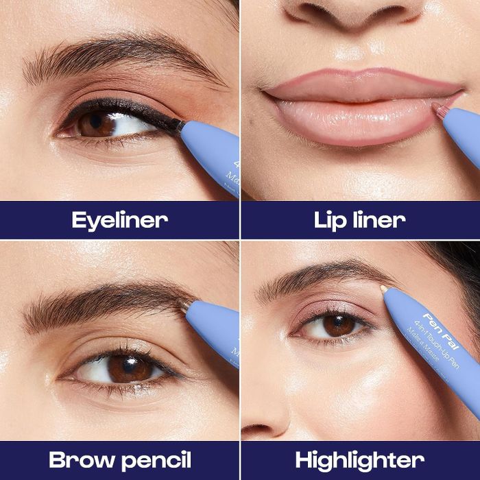 A model wearing the Pen Pal as eyeliner, lip liner, brow pencil, and highlighter.